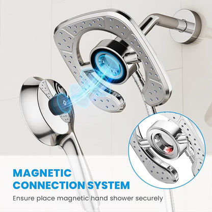 High Pressure Shower Heads, 7.2Inch 2 in 1 Rainfall Shower head & Handheld Showers with Magnetic Docking System, Ten-Function Handheld Shower Head with 59" Rotatable Stainless Steel Hose (Chrome)