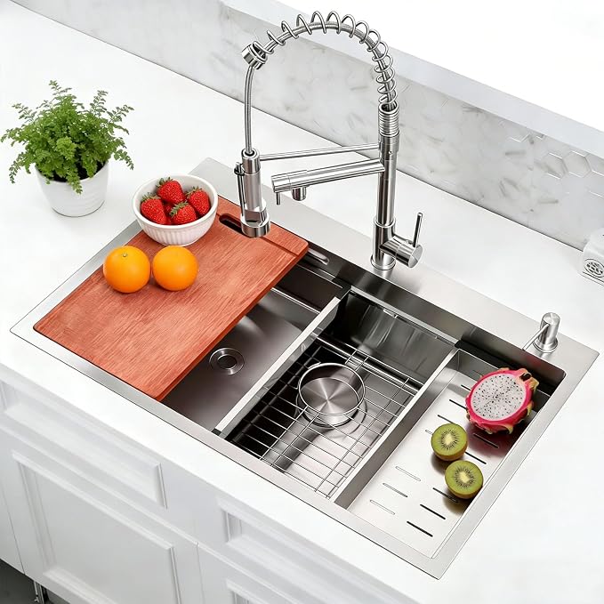 33x22 Drop In Kitchen Sink with Faucet Combo Modern Large Stainless Steel Kitchen Sinks 33 Inch Top Mount Single Bowl Workstation Sink