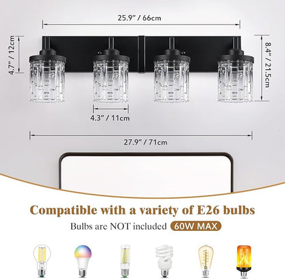 maesta Black Bathroom Light Fixture,4 Light Modern Vanity Light Over Mirror | Modern Vanity Light, Black Metal & Crystal Glass Fixture, Anti-Rust, Easy to Install for Bathroom Hallway Bedroom Entryway