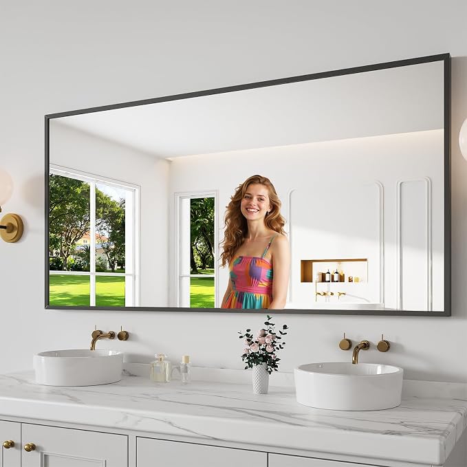 Koonmi 30"x60" Bathroom Mirror for Over Sink, Black Rectangle Bathroom Wall Mirror, Modern Large Vanity Mirror, HD Tempered Glass, Anti-Rust Aluminum Alloy Frame, for Living Room, Bedroom, Entryway