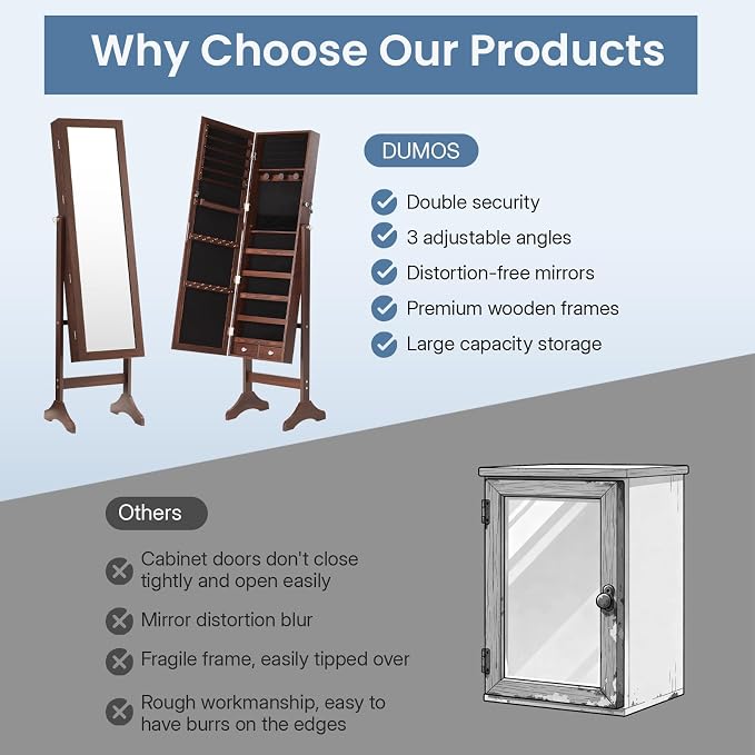 DUMOS Freestanding Jewelry Organizer Cabinet with Full Length Mirror | Standing Jewelry Armoire, Lockable, 47.3" Mirror with Storage, 2 Drawers, 3 Adjustable Angles (13°/23°/30°), Rustic Brown
