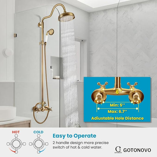 gotonovo Luxury Exposed Shower Faucet Set Bathroom Shower System 8 Inch Wall Mount Rainfall Shower Head with Handheld Spray Cross Double Handle Shower Fixture Adjustable Arc Rod Antique Brass