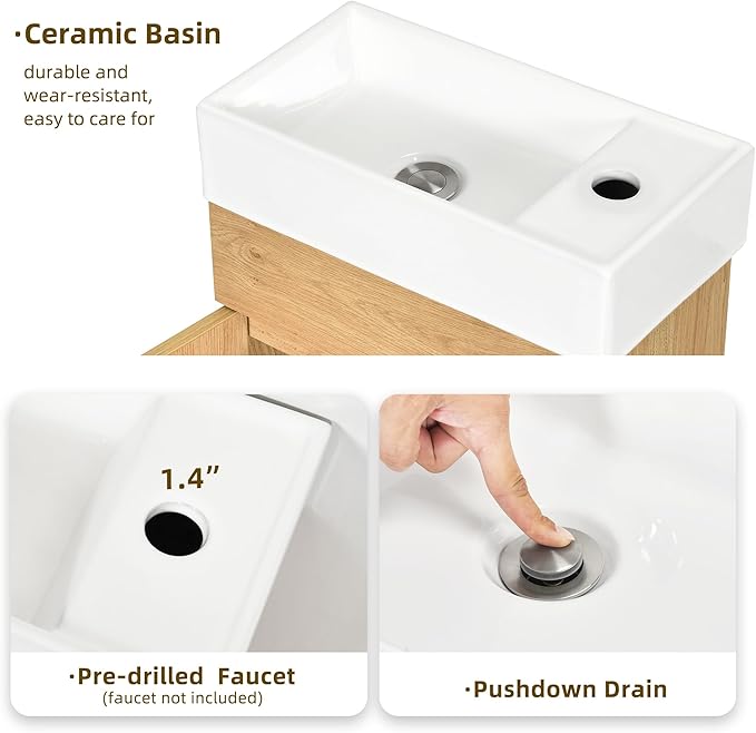 DWVO 16 Inch Bathroom Vanity Sink for Small Space, Freestanding Bathroom Cabinet with Undermount Ceramic Sink, Modern Bathroom Storge Vanity Soft-Close Doors, Natural Brown