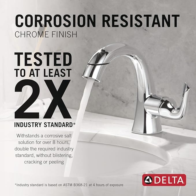 Delta Arvo 1 Hole Pull Down Bathroom Faucet with Sprayer, Chrome Single Hole Bathroom Sink Faucet with Pull Out Sprayer for Vanity, Metal Push-Pop Drain, Chrome 15840LF-PD