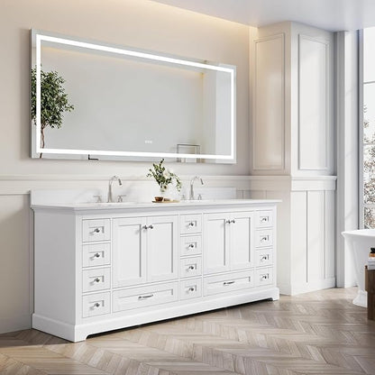 WELLFOR 84 Inch Bathroom Vanity with Double Sinks, Bathroom Freestanding Vanity W/4 Soft-Close Doors and 14 Drawers, Large Storage Space Vanity, Engineered Stone Countertop Vanities, White