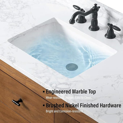 Vanity Art 60 inch Bathroom Vanity with Single Sink, Modern Wood Bath Vanity with Carrara Marble Top, Vanity Cabinet with Doors， Removable Shelf, Solid Wood Frame, Ceramic Sink, Tan, VA7060E