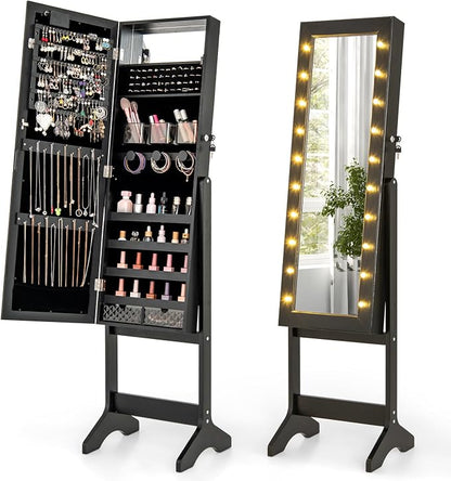 GOFLAME Jewelry Armoire Cabinet Standing, Lockable Full Length Mirror with Storage Shelves and 2 Drawers, Adjustable Tilt Angles, Stand Up Jewelry Box with Lighted Mirror (Black)