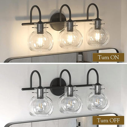 3 Lights Bathroom Vanity Light Fixtures Over Mirror Modern Black | Wall Sconce,Elegant Globe Glass Shade,E26 Base, UL Certified,Anti-Rust,Damp Rated,Matte Black,Bathroom Bedroom Living Room