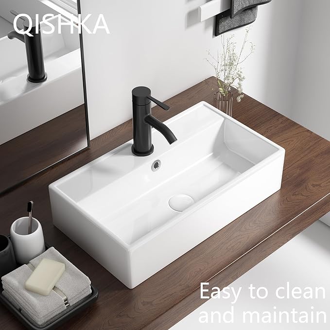 Wall Mount Rectangular Vessel Sink with Towel Rack, QISHKA 21.5"x12.5" Modern Ceramic Bathroom Floating Sink, White Rectangle Vanity Sink with Overflow, Wall Hung Wash Hand Basin