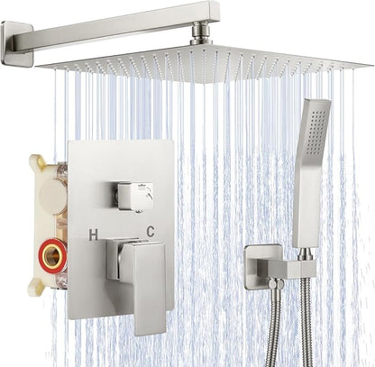 JOMEOO® 12 Inch Brushed Nickel Shower System, Wall Mounted High Pressure Rain Shower Head with Handheld Sprayer, Bathroom Luxury Rainfull Shower Head Shower Faucet Set Rough in Valve Body and Trim