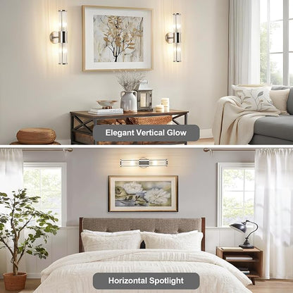 Dual Sconce Vanity Set of 2, Brushed Nickel Wall Light with Clear Glass Rods Shape, Industrial Vanity Lighting for Bathroom Mirror and Modern Bedroom