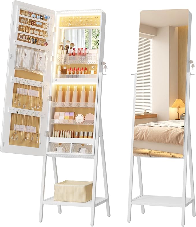 LVSOMT Jewelry Armoire Cabinet Standing, Full Length Mirror with Storage | Space-saving Mirror with Jewelry Storage, Built-in LED Makeup Mirror, Jewelry Organizer Cabinet for Women, White