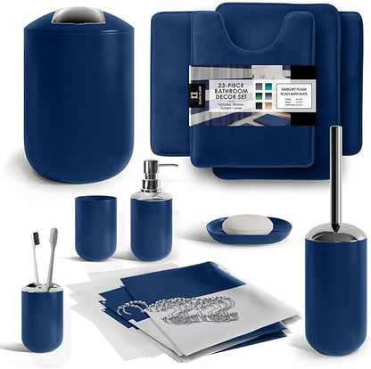 Clara Clark Bathroom Set - Navy Bathroom Accessories Set, Bathroom Sets with Shower Curtain and Rugs, 23PC Shower Curtain Set with Liner, Soap Dispenser, Soap Dish, Toilet Brush Holder, and Trash Can