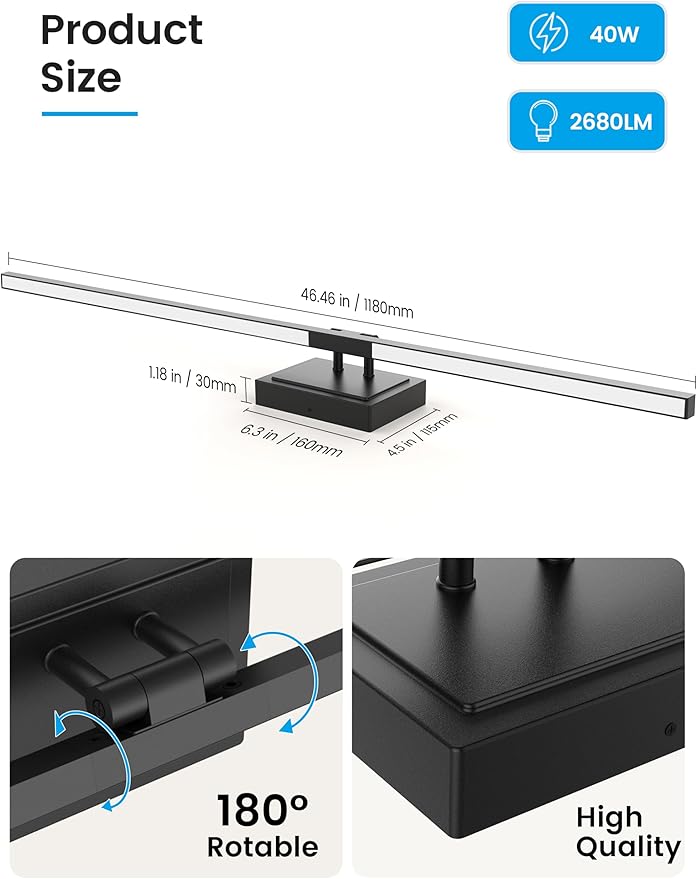 NIORSUN 46.5 Inch Modern Bathroom Light Fixture, 40W 5CCT Dimmable LED Black Bathroom Vanity Lights Over Mirror, Vanity Lights for Bathrooms Restroom Mirror