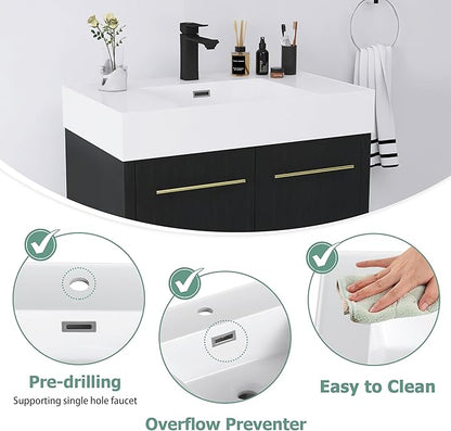 30 Inch Floating Bathroom Vanity,30" Bathroom Vanity with Sink,Modern Single Sink Bathroom Vanity Combo,Black Wall Mounted Cabinet Set