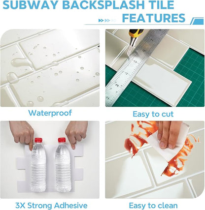 STICKGOO 10-Sheet Subway Peel and Stick Backsplash Tiles Putty Beige | Waterproof 3D PVC wall tiles with strong adhesive, extra thick for kitchen backsplash and bathroom walls
