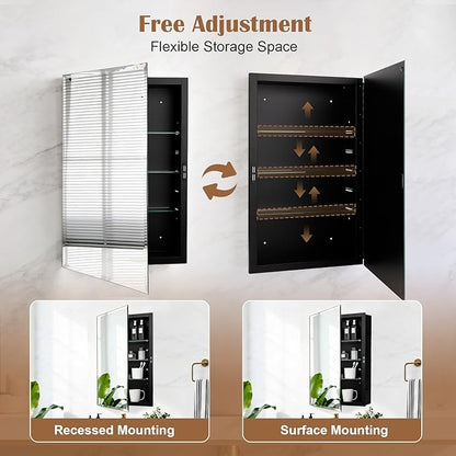 16x26'' Bathroom Medicine Cabinet Mirror with Storage, Surface Mount or Recessed Medicine Cabinet with 4-Tiered Adjustable Tempered Glass Shelves