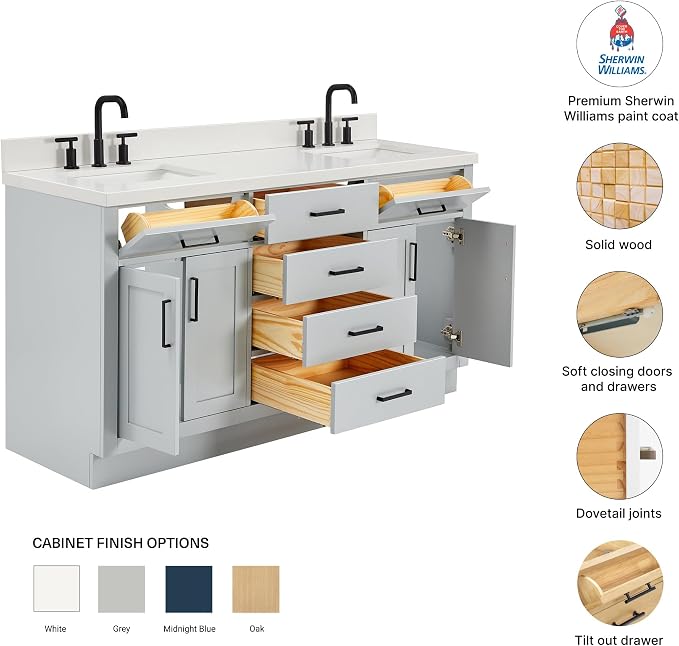 Isabella 66" Grey Double Bathroom Vanity, 1.5" Pure White Quartz Countertop, Rectangular Undermount Sinks, 4 Soft Closing Doors, 6 Dovetail Drawers