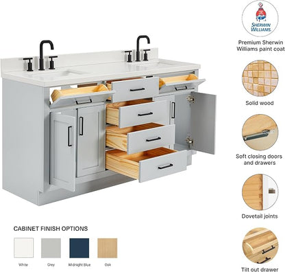 Isabella 66" Grey Double Bathroom Vanity, 1.5" Pure White Quartz Countertop, Rectangular Undermount Sinks, 4 Soft Closing Doors, 6 Dovetail Drawers
