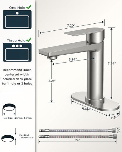 FORIOUS Brushed Nickel Bathroom Faucet 1 Hole, Single Handle Single Hole Bathroom Faucet Brushed Nickel with Deck Plate and Pop Up Drain, CUPC Hoses for One Handle Vanity Sink, Rv, Camper, Farmhouse