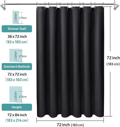 3 in 1 Shower Curtain Set, Waffle Shower Curtain and Liner Set with 12 Double Sided Shower Curtain Hooks, 258GSM Luxury Weighted Cloth Shower Curtains for Bathroom, 72 W x 72 H, Black