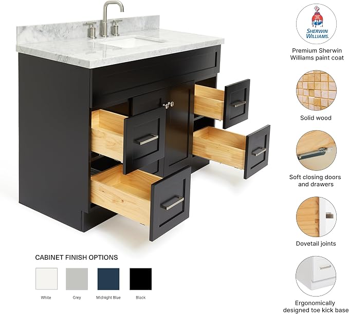 Bradford 48-Inch Bathroom Vanity with Sink — Black Single Sink Bathroom Vanity, 1.5" Edge Italian Carrara Marble Top, Solid Wood, 2 Soft-Close Doors, 4 Full Extension Dovetail Drawers