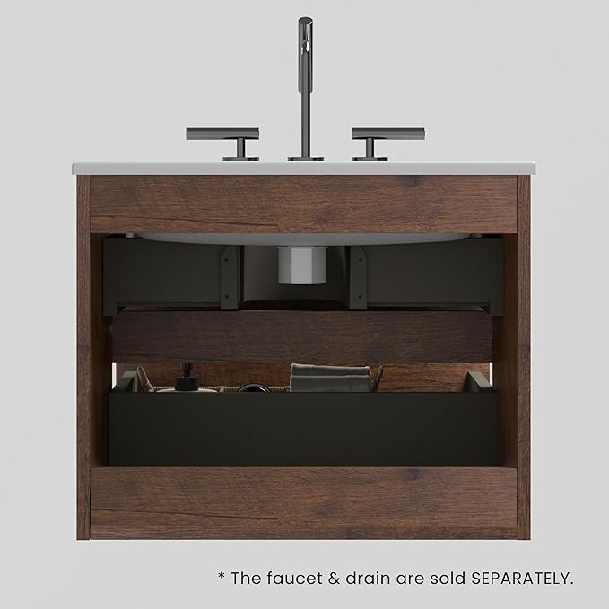 24" Bathroom Vanity with Sink, Modern Floating Vanity with Double Soft Closing Drawers, Large Storage for Small Space, Walnut, Fully Assembled - Iris Collection