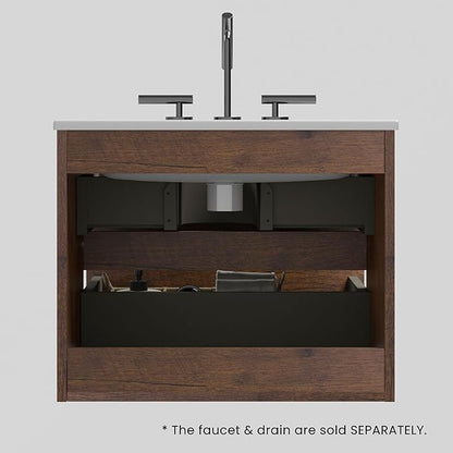 24" Bathroom Vanity with Sink, Modern Floating Vanity with Double Soft Closing Drawers, Large Storage for Small Space, Walnut, Fully Assembled - Iris Collection