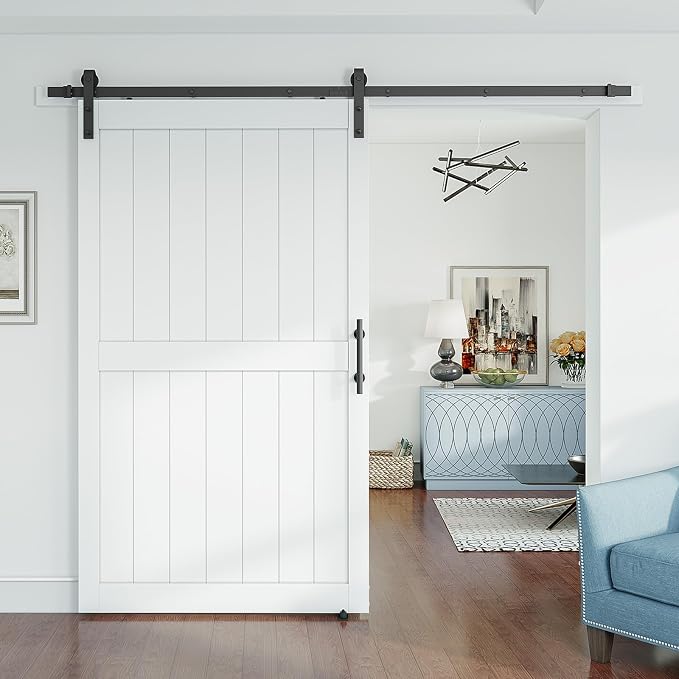 SMARTSTANDARD 48" x 80" White Sliding Barn Door with 8FT Black Hardware | Pre-Drilled Ready to Assemble, Waterproof PVC Coating, H-Frame