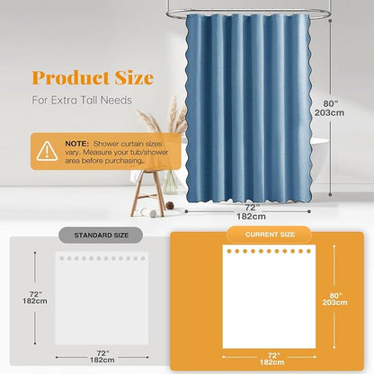 BTTN 80 Inch Shower Curtain, Long Scalloped Boho Linen Textured Heavy Duty Fabric Shower Curtain Set with 12 Hooks, Tall Modern Farmhouse Waterproof Shower Curtains for Bathtub, 72x80, MoonlightBlue