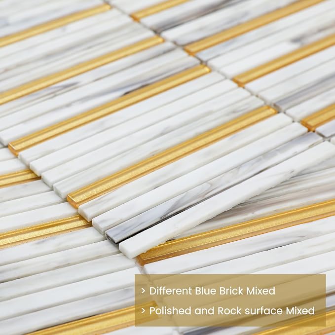 Glass Backsplash Mosaic Tile Gold White 5 sq.ft | Dazzling 12 x 12 Inch for Kitchen Backsplash Bathroom and Shower 5-Pack
