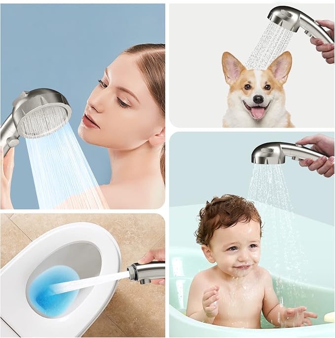 SINGSUO High Pressure Handheld Shower Head, On Off Switch (Brushed Nickel) | Detachable Shower Head, 3 Spray Modes Shower Massager Handheld with Hose and Adjustable Angle Bracket