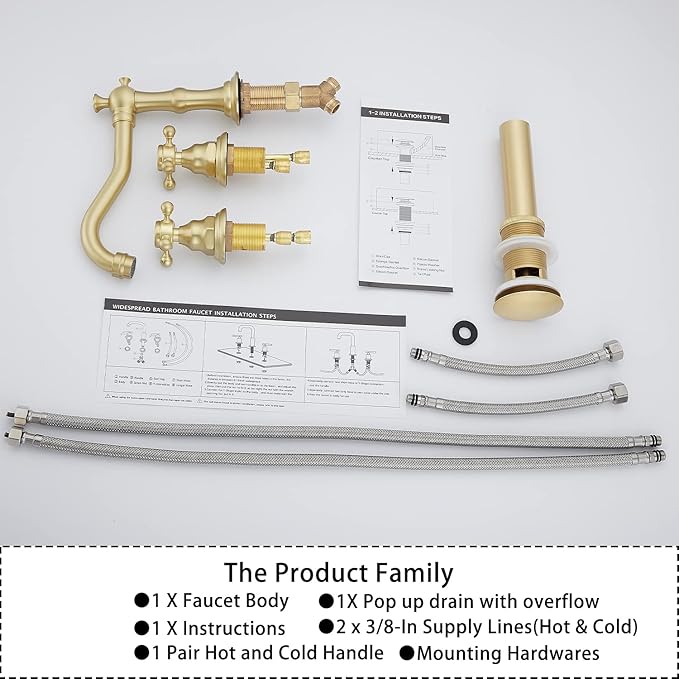 Brushed Gold Bathroom Faucet GGStudy 2 Handles 3 Holes Widespread Bathroom Sink Facuet Farmhouse Washingroom Faucet Mixer Tap