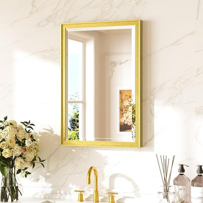 Keonjinn 16" x 24" Brushed Gold Framed Mirror for Bathroom, Tempered Glass | Aluminum Alloy, Effortless French Cleat Installation, Modern Farmhouse, Rectangle Wall Mirror for Hallway, Entryway Decor