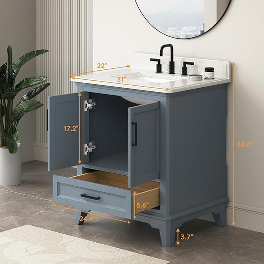 30 Inch Bathroom Vanity with Sink, 30 Inch Vanity with Adjustable Feets, Bathroom Storage Cabinet with Soft Closing Doors & Dovetail Drawers, Solid Wood Frame, Steel Blue