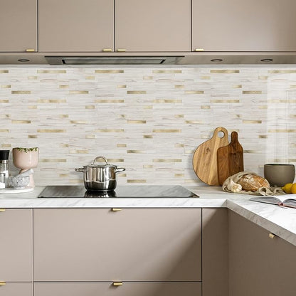 STICKGOO 2 Sheets Peel and Stick Backsplash Tile, Stick on Backsplash for Kitchen and Bathroom, Glossy Eurasian Wood Grain PVC Mixed Metal Gold Self Adhesive Wall Tiles