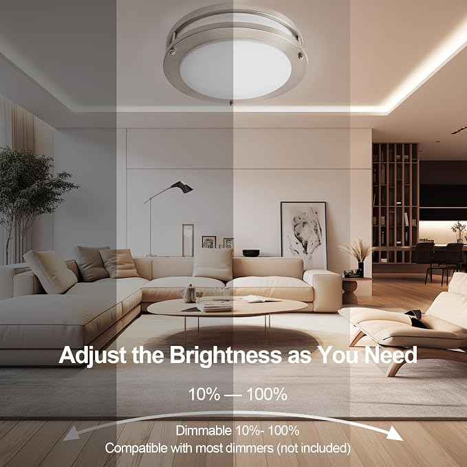 10inch LED Flush Mount Ceiling Light Fixture Dimmable Brushed Nickel, Easy Install LED Ceiling Lamp Fixture Without Flicker, Super Bright 24W 2400LM 5000K 4-Pack
