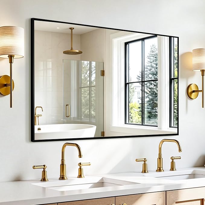 Rectangular Bathroom Mirror, 48"x30" Black Metal Framed Vanity Mirror | HD Shatterproof Wall Mirror, Horizontal or Vertical Hanging, Easy Installation for Bathroom, Bedroom, Living Room, Entryway