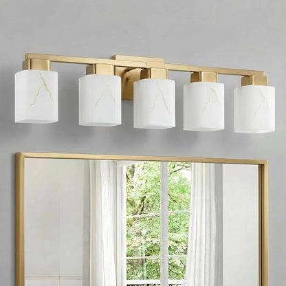 5-Light Square Bathroom Light Fixture, Gold Modern Vanity Light with White Marble Glass Shade, for Bathroom Mirror, Living Room, Bedroom, Hallway, E26 Base