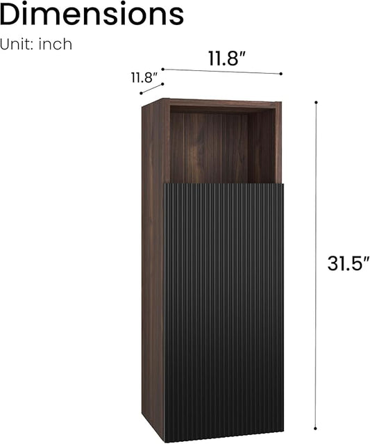 12" Bathroom Side Cabinet, Modern Striped Storage Cabinet with Soft-Closing Door & Open Shelf, Large Storage for Small Bathroom, Apartment, Hotel, Walnut+Black