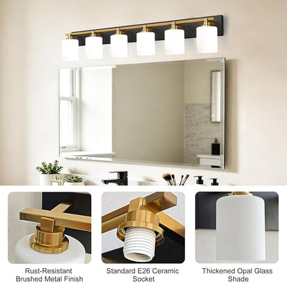 Black and Gold Bathroom Light Fixture, Modern 6 Light Vanity Lights for Bathroom Lighting Fixtures Over Mirror, White Glass Lampshade, Master & Guest bathrooms Bathroom Remodel, 43-inch