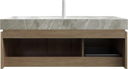 Ambrovina 48" Floating Bathroom Vanity with Sink, Modern Plywood Bathroom Storage Cabinet with Drawer and 2 Doors, Gray Sintered Stone Countertop and White Ceramic Basin, Pre-Assembled, Light Oak