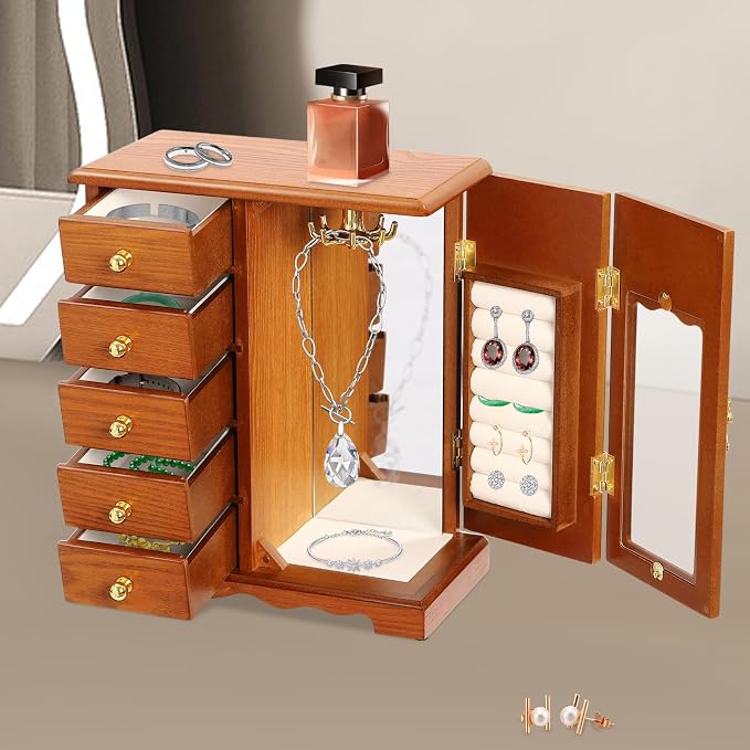 Vintage Wood Jewelry Box with 5 Drawers, Desktop Jewelry Organizer with Glass Door & Mirror, Necklace Ring Storage Display Case Built-in Necklace Carousel, Brown (Light Brown, 5 Drawers)