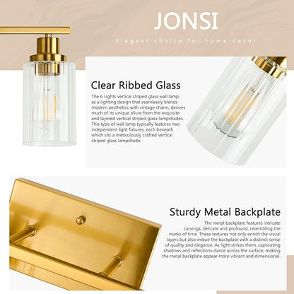 Jonsi Brushed Gold Bathroom Light Fixtures, 6-Light Brushed Gold Vanity Light, Bathroom Vanity Light with Stripe Glass Shade, E26 Wall Sconces Over Mirror for Bathroom, Living Room, Hallway
