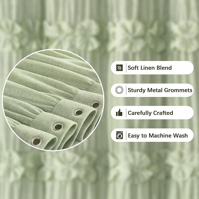 Ruffle Farmhouse Linen Shower Curtain with Vintage Bow Green 72" W x 72" H | Linen Blend Fabric, Ruffle Bow and Ruffled Hem，Linen Texture，Machine Washable，12 Metal Holes and Plastic Hooks