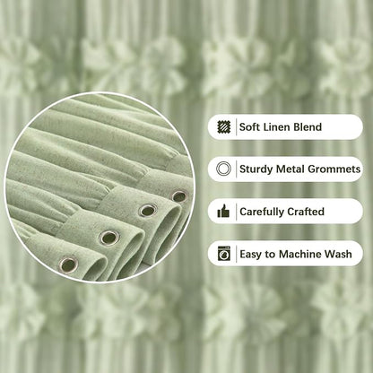 Ruffle Farmhouse Linen Shower Curtain with Vintage Bow Green 72" W x 72" H | Linen Blend Fabric, Ruffle Bow and Ruffled Hem，Linen Texture，Machine Washable，12 Metal Holes and Plastic Hooks