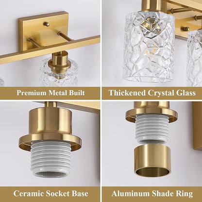 Mecgirn Stainless Steel Bathroom Vanity Light Over Mirror, 3 Light Brushed Gold Bathroom Light Fixtures with Textured Glass Shades,Ceramic E26 Sockets Wall Mounted Vanity Lights for Bathroom
