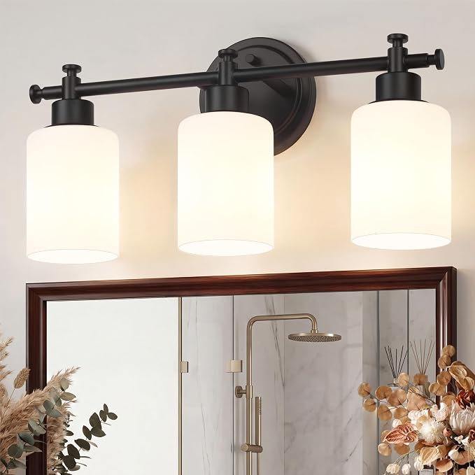 3 Light Black Bathroom Vanity Light Fixture Over Mirror, 17.5'' | Vanity Lights for Bathroom, Bedroom, Living Room, White Frosted Glass Shades, Modern, E26(Bulbs Not Included)