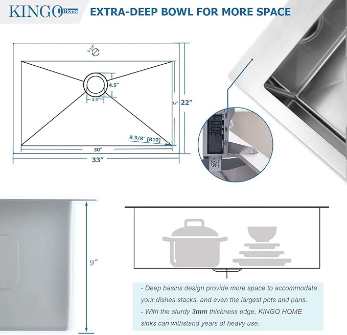 KINGO HOME 33 x 22 Inch Drop in Stainless Steel Kitchen Sink, Single Bowl 16 Gauge Top mount Sink Commercial Handmade 9 Inch Deep Kitchen Sinks Workstation Single Basin Brushed Satin Nickel