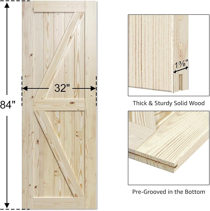 SmartStandard 32in x 84in Sliding Barn Wood Door Pre-Drilled Ready to Assemble, DIY Unfinished Solid Spruce Wood Panelled Slab, Interior Single Door Only, Natural, K-Frame (Fit 6FT Rail) | Pre-Drilled Ready to Assemble, DIY Unfinished Solid Spruce Wood...